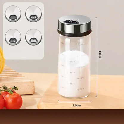 Modern silver glass seasoning jar set kitchen storage with measurements