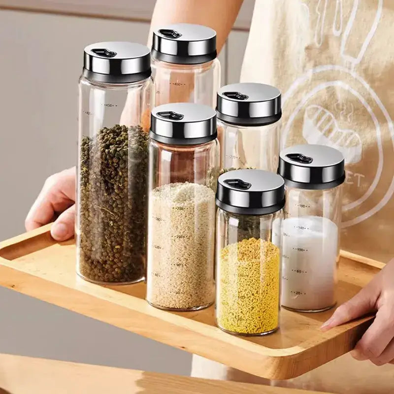 Modern silver glass seasoning jar set kitchen storage with measurements