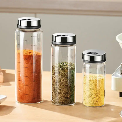 Modern silver glass seasoning jar set kitchen storage with measurements