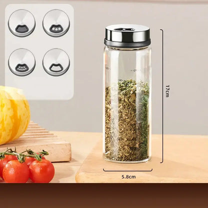 Modern silver glass seasoning jar set kitchen storage with measurements