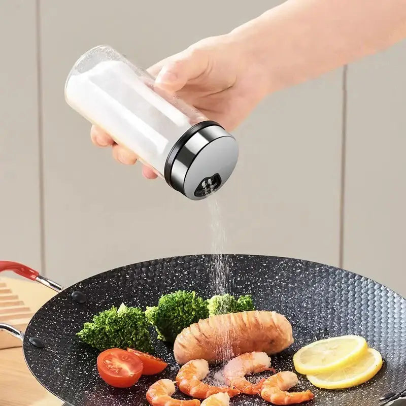 Modern silver glass seasoning jar set kitchen storage with measurements