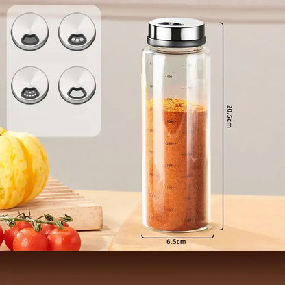 Modern silver glass seasoning jar set kitchen storage with measurements