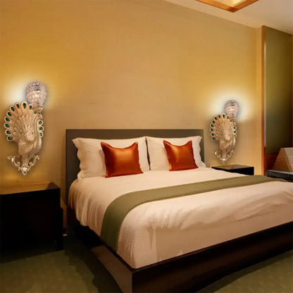 Modern silver peacock wall light – bedroom green gemstone sconce