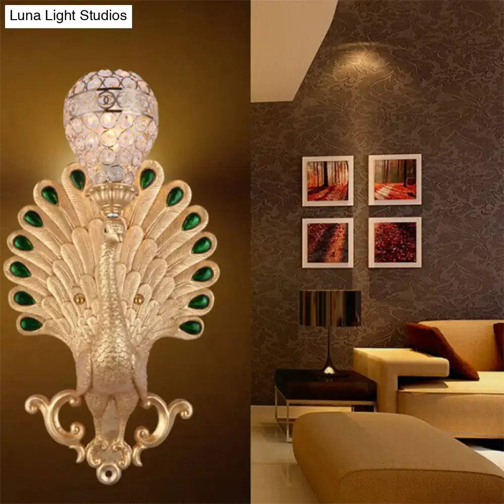 Modern silver peacock wall light – bedroom green gemstone sconce
