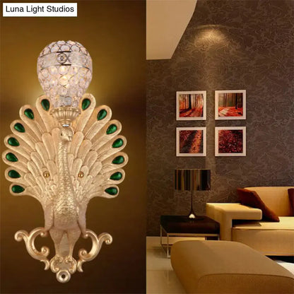 Modern silver peacock wall light – bedroom green gemstone sconce