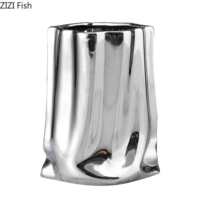 Modern silver pleated texture ceramic vase for living room decor