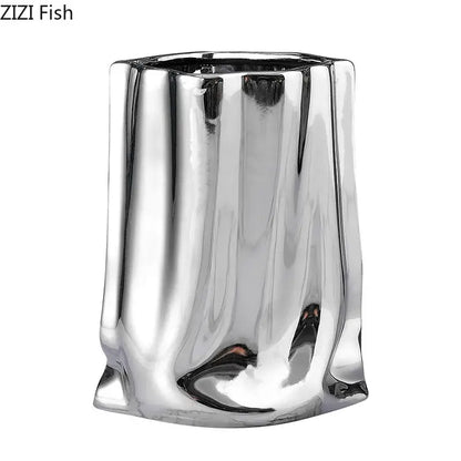 Modern silver pleated texture ceramic vase for living room decor