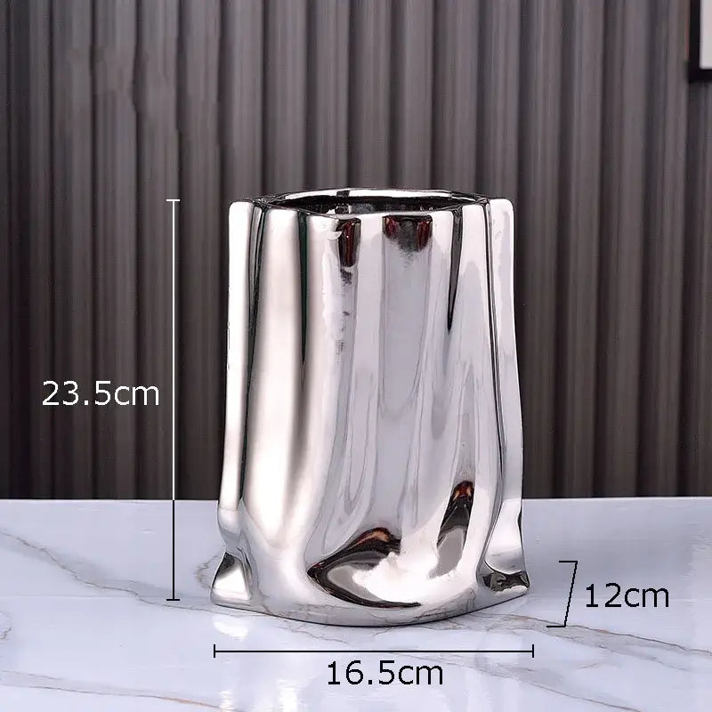 Modern silver pleated texture ceramic vase for living room decor