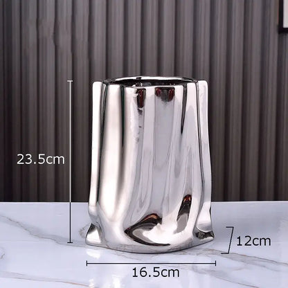 Modern silver pleated texture ceramic vase for living room decor