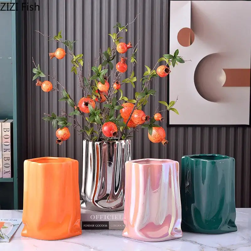 Modern silver pleated texture ceramic vase for living room decor