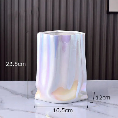Modern silver pleated texture ceramic vase for living room decor