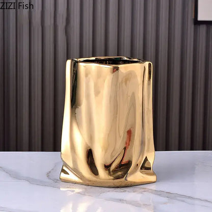 Modern silver pleated texture ceramic vase for living room decor