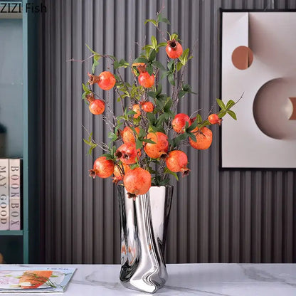 Modern silver pleated texture ceramic vase for living room decor