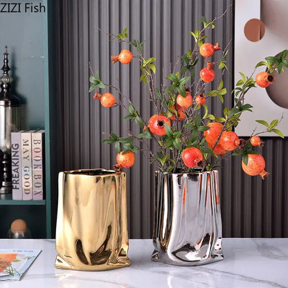 Modern silver pleated texture ceramic vase for living room decor