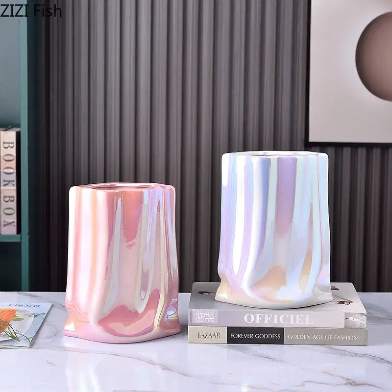 Modern silver pleated texture ceramic vase for living room decor