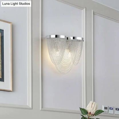 DecorBites™ Modern Silver Tassel Wall Light with Rippling Chain Design - 2-Bulb Aluminum Sconce for Sitting Room Vogue Lighting