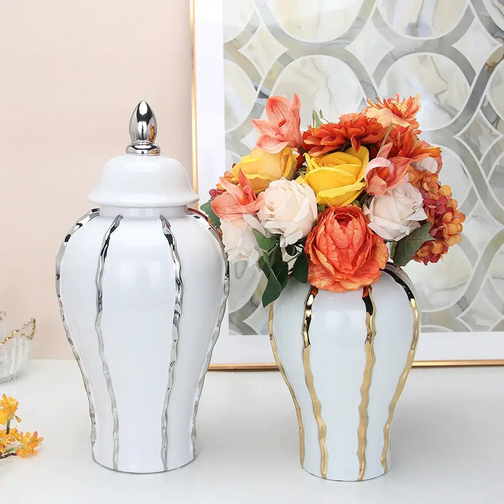 Modern silver & white striped porcelain ginger pot vase set living room