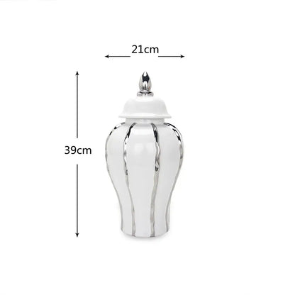 Modern silver & white striped porcelain ginger pot vase set living room