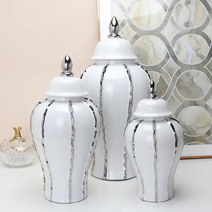 Modern silver & white striped porcelain ginger pot vase set living room
