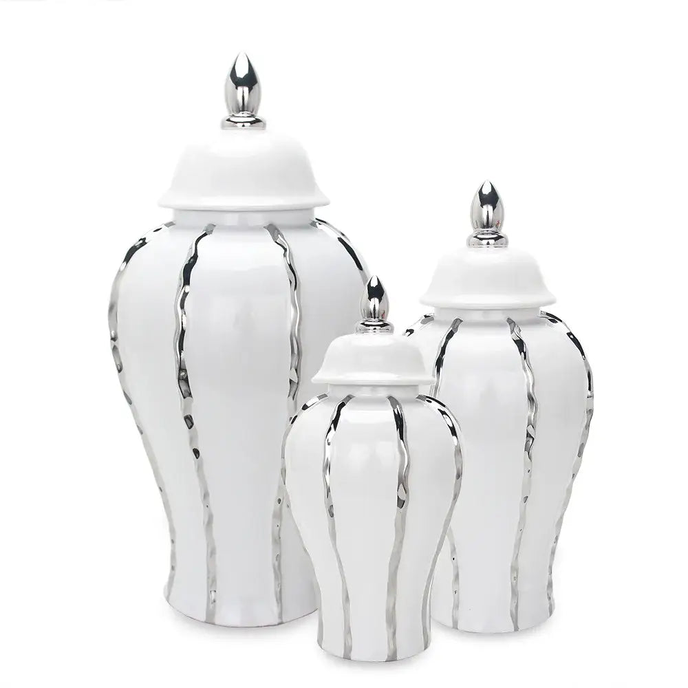 Modern silver & white striped porcelain ginger pot vase set living room