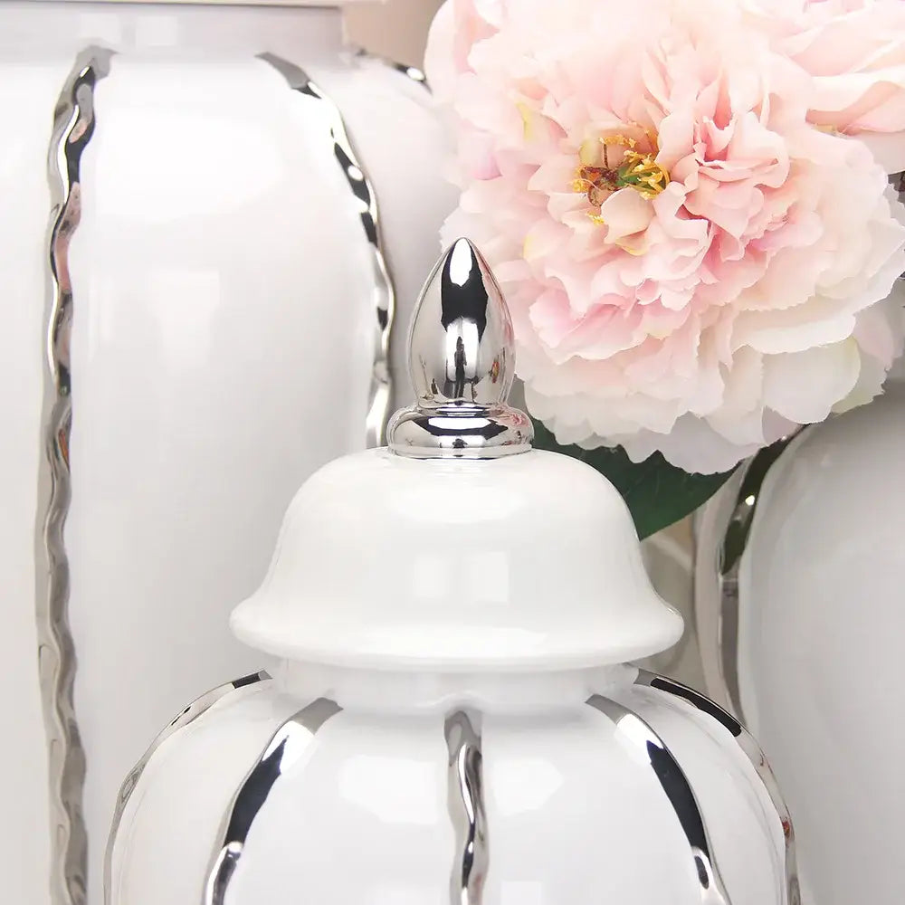 Modern silver & white striped porcelain ginger pot vase set living room