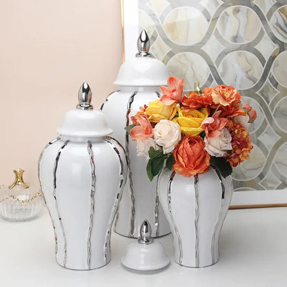 Modern silver & white striped porcelain ginger pot vase set living room