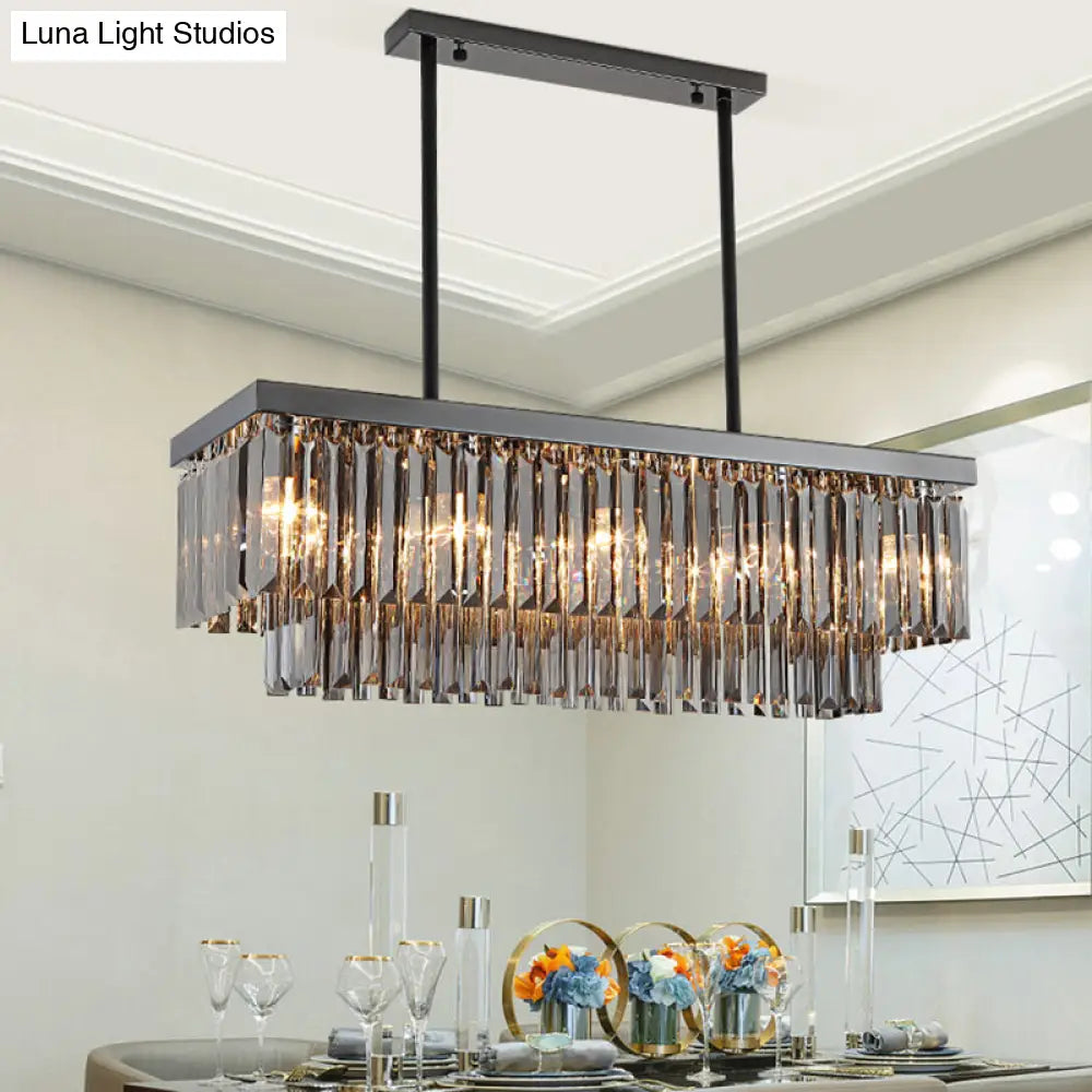 DecorBites™ Modern Smoke Gray Crystal Block Island Lamp Chandelier - 10 Lights, Rectangle Shape, 31.5"/39" Wide, Black-Hanging