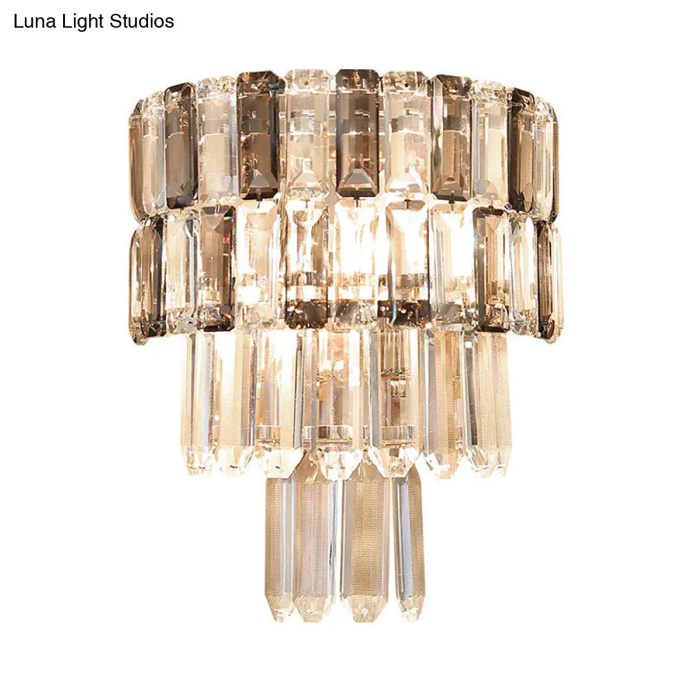 DecorBites™ Modern Smoke Gray Crystal Sconce: Layered Design, 2-Bulb Wall Mounted Light Fixture for Living Room