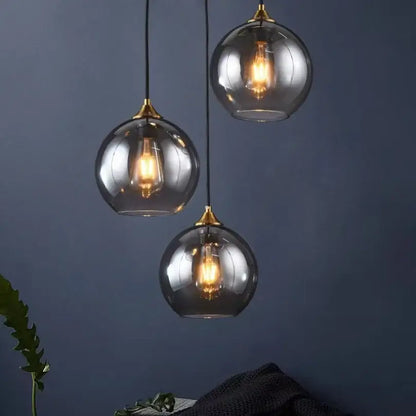 Modern smoked glass ball pendant lights kitchen & dining room triple set