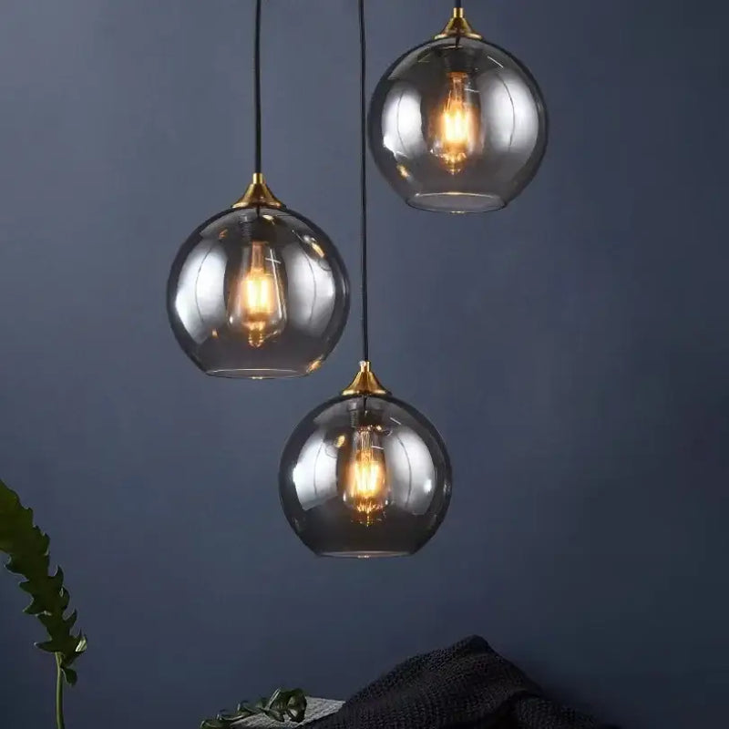 Modern smoked glass ball pendant lights kitchen & dining room triple set