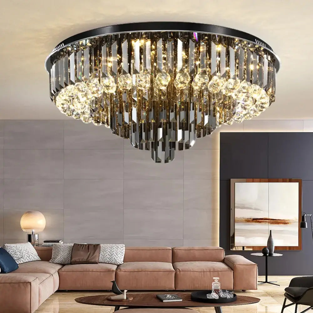 Modern smoky gray & gold crystal led chandelier living room light