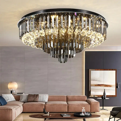 Modern smoky gray & gold crystal led chandelier living room light