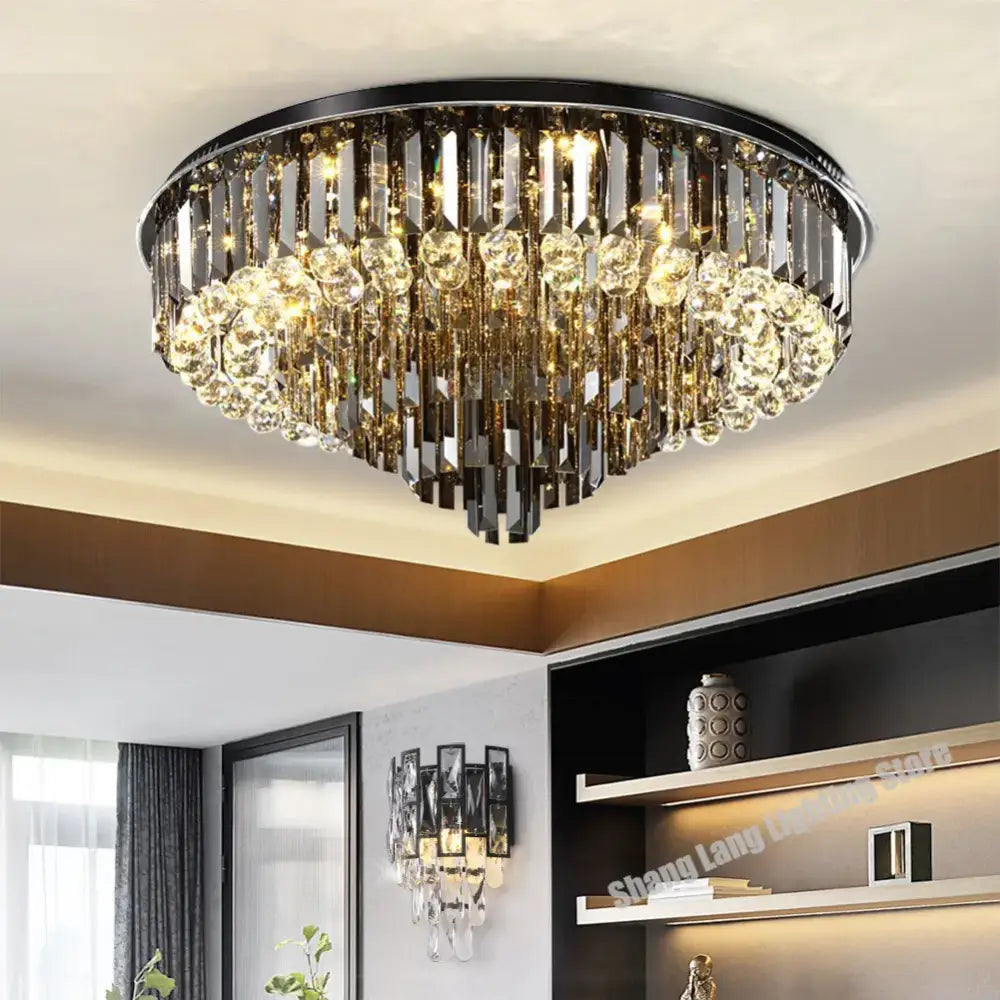 Modern smoky gray & gold crystal led chandelier living room light