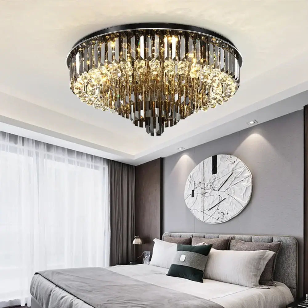 Modern smoky gray & gold crystal led chandelier living room light