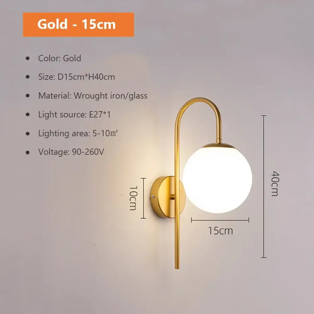 Modern spherical glass shade gold wall lamp for bedroom