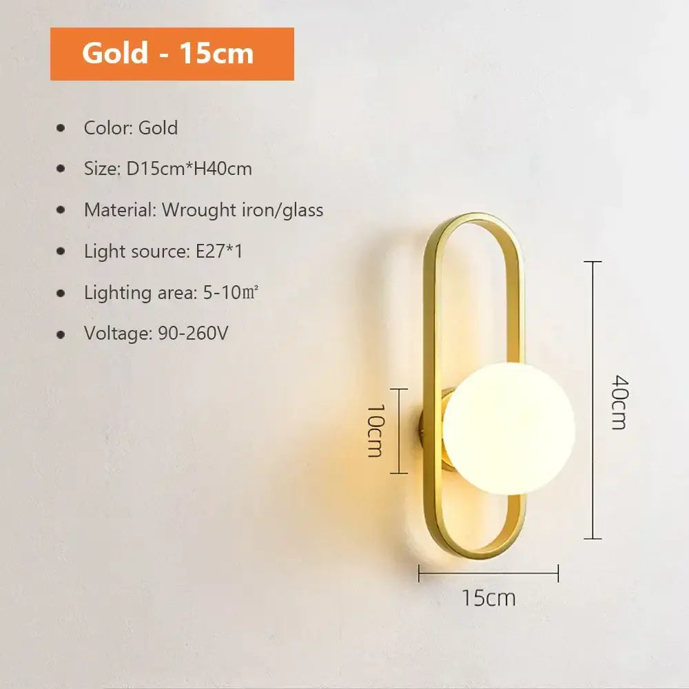 Modern spherical glass shade gold wall lamp for bedroom