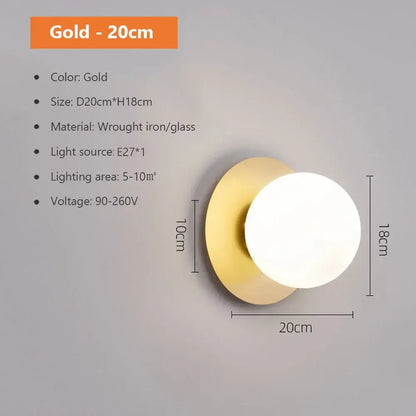 Modern spherical glass shade gold wall lamp for bedroom