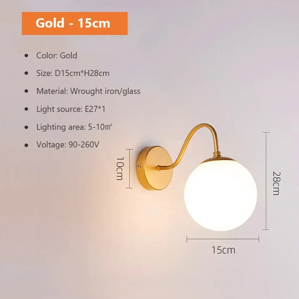 Modern spherical glass shade gold wall lamp for bedroom