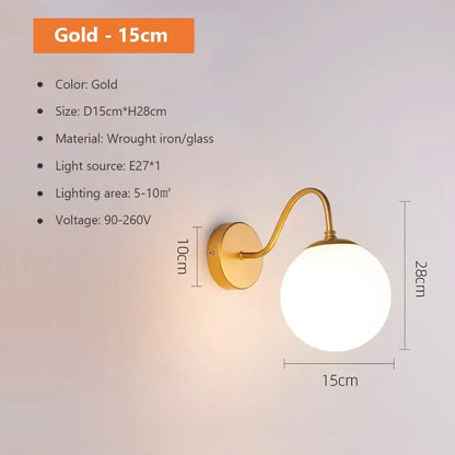 Modern spherical glass shade gold wall lamp for bedroom