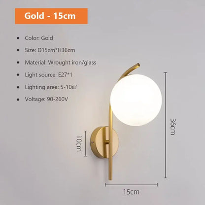 Modern spherical glass shade gold wall lamp for bedroom