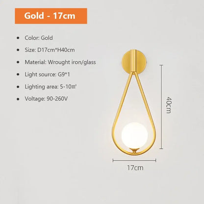 Modern spherical glass shade gold wall lamp for bedroom