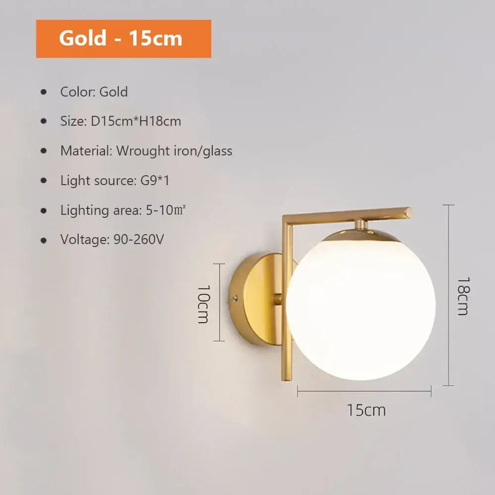 Modern spherical glass shade gold wall lamp for bedroom