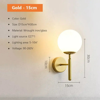 Modern spherical glass shade gold wall lamp for bedroom