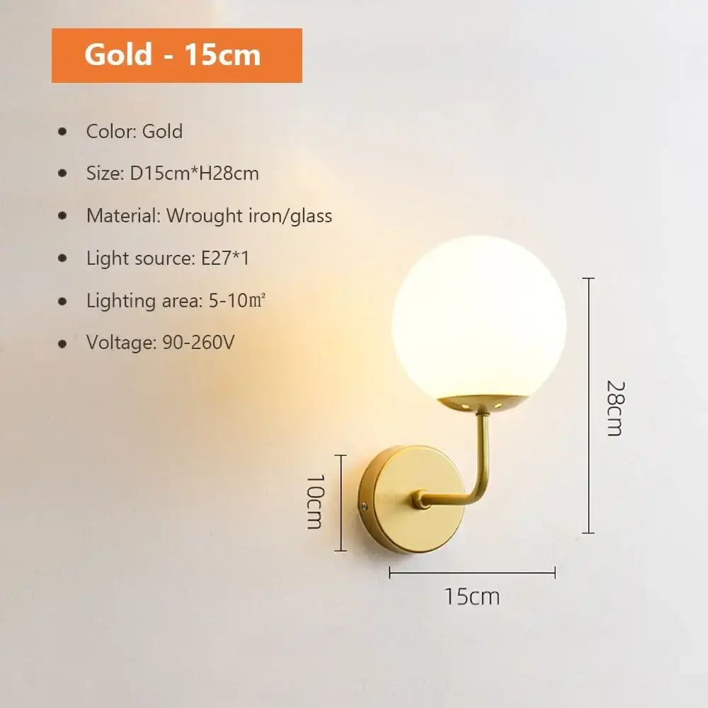 Modern spherical glass shade gold wall lamp for bedroom