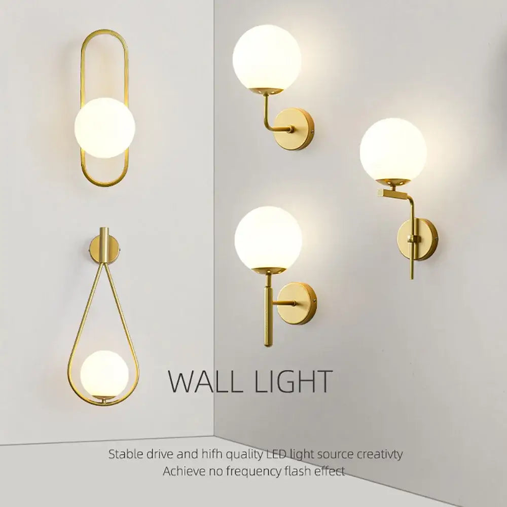 Modern spherical glass shade gold wall lamp for bedroom