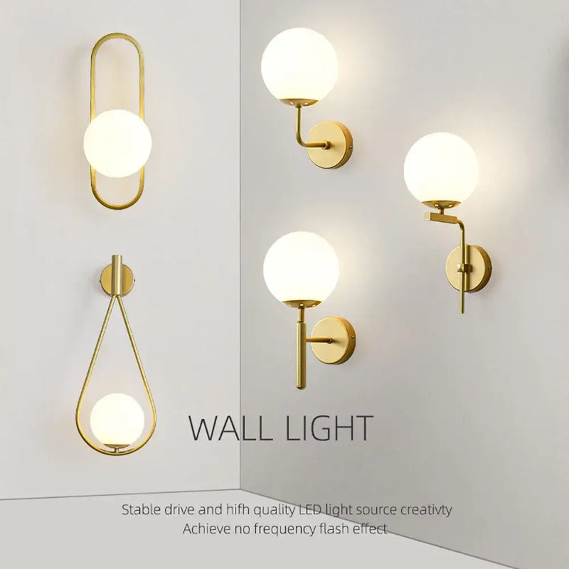 Modern spherical glass shade gold wall lamp for bedroom