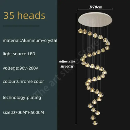 Modern spiral crystal led ceiling chandelier for staircase kitchen