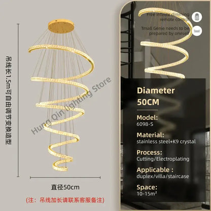 Modern spiral crystal pendant chandelier for living room lighting