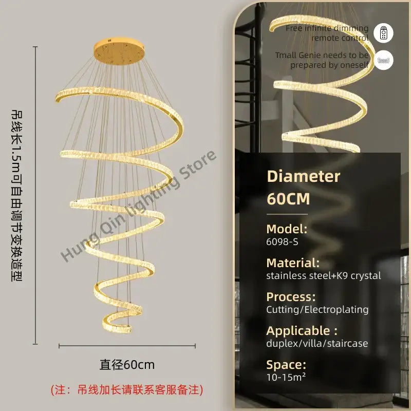 Modern spiral crystal pendant chandelier for living room lighting
