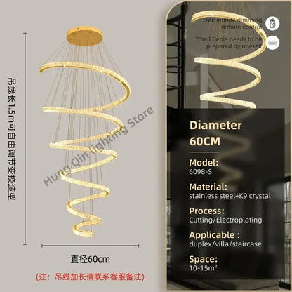 Modern spiral crystal pendant chandelier for living room lighting
